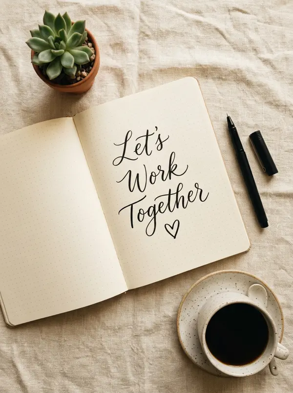 Notebook reading “Let's Work Together” next to a cup of coffee