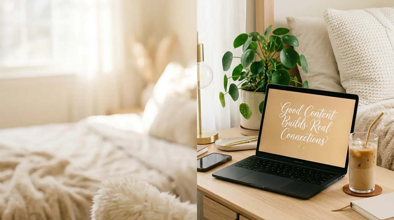 Laptop on a cozy desk with iced coffee and phone, screen reading “Good Content Builds Real Connections”