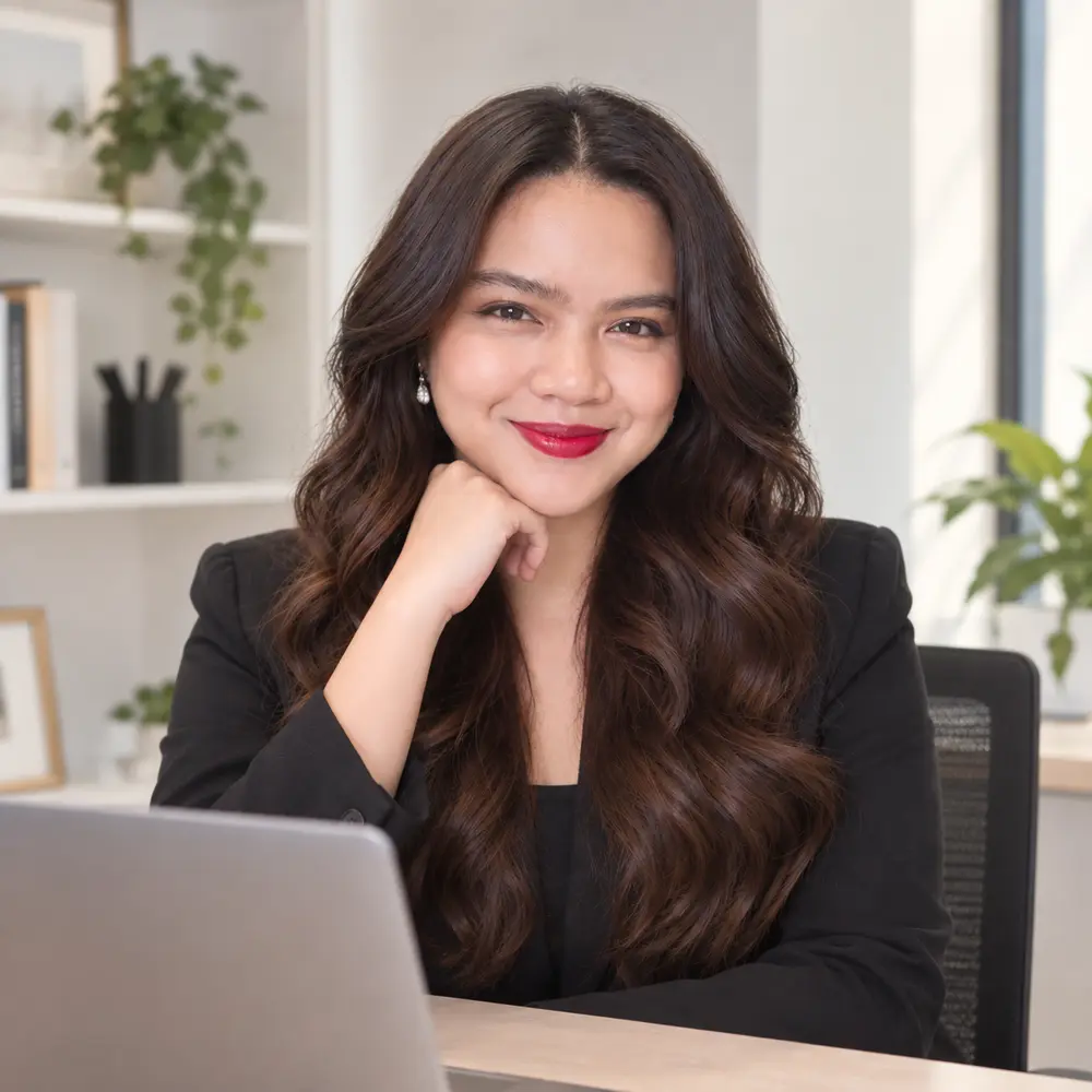 Leslie Aguilar smiling in a black blazer at her office desk